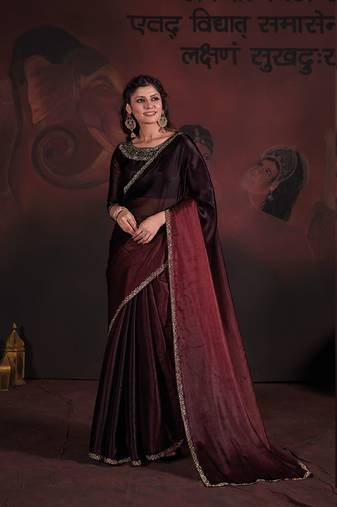 Brown maroon zarkan hand work border satin saree