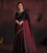 Brown maroon zarkan hand work border satin saree