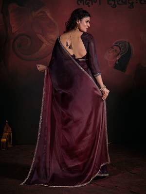 Brown maroon zarkan hand work border satin saree 2