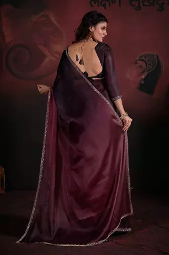 Brown maroon zarkan hand work border satin saree