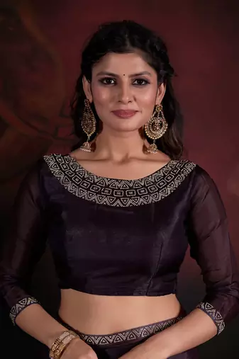 Brown maroon zarkan hand work border satin saree