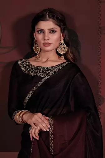 Brown maroon zarkan hand work border satin saree