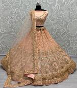 Women's Peach Bridal Net Fancy Sequins with Multi Thread Embroidered & Handwork Wedding Lehenga Choli