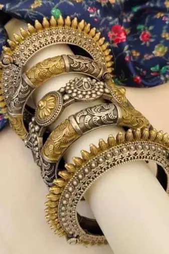 Gold and Silver Antique Brass Kada and Openable Bangles Set