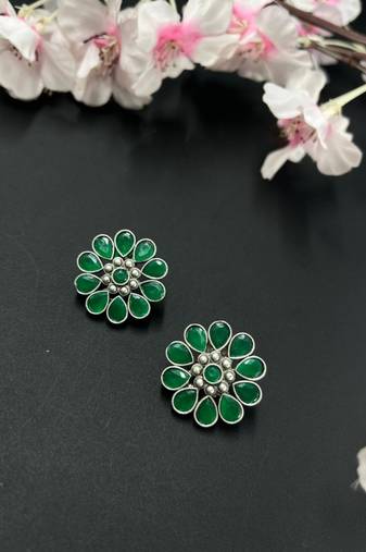 Floral flower studs indian stone round earrings oxidized jewellery red green silver indian earrings