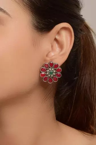 Floral flower studs indian stone round earrings oxidized jewellery red green silver indian earrings