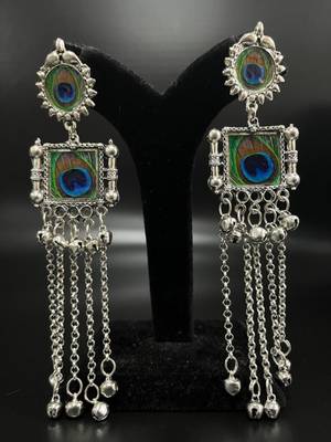 Peacock feather print long dangler earrings silver plated jhumka jhumki earrings indian ethnic german silver jhumka 1