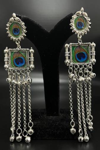 Peacock feather print long dangler earrings silver plated jhumka jhumki earrings indian ethnic german silver jhumka
