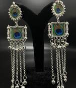 Peacock feather print long dangler earrings silver plated jhumka jhumki earrings indian ethnic german silver jhumka