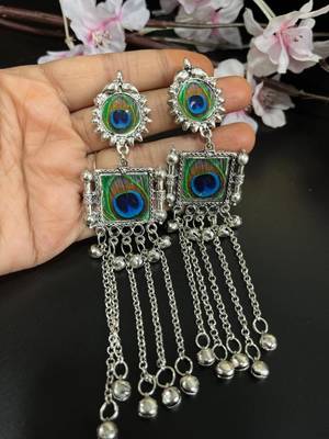 Peacock feather print long dangler earrings silver plated jhumka jhumki earrings indian ethnic german silver jhumka 2
