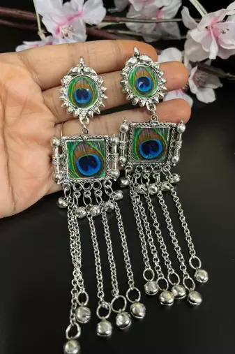 Peacock feather print long dangler earrings silver plated jhumka jhumki earrings indian ethnic german silver jhumka