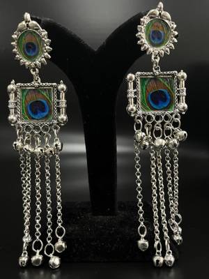Peacock feather print long dangler earrings silver plated jhumka jhumki earrings indian ethnic german silver jhumka 3