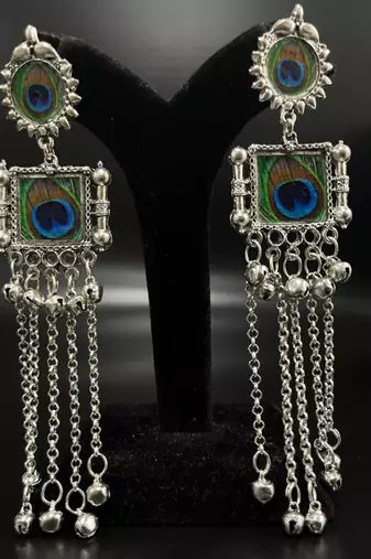 Peacock feather print long dangler earrings silver plated jhumka jhumki earrings indian ethnic german silver jhumka