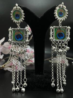 Peacock feather print long dangler earrings silver plated jhumka jhumki earrings indian ethnic german silver jhumka 4