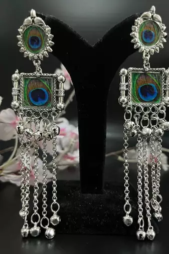 Peacock feather print long dangler earrings silver plated jhumka jhumki earrings indian ethnic german silver jhumka