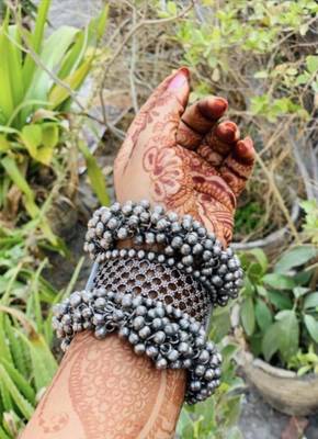 Black polish ghungroo kada silver bangle set oxidised indian ethnic jewelry, german silver bracelet, antique bracelet 1