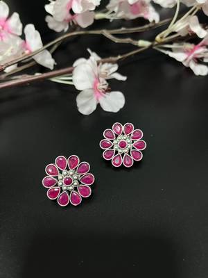 Floral flower studs indian stone round earrings oxidized jewellery red green silver indian earrings 1