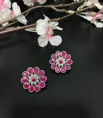 Floral flower studs indian stone round earrings oxidized jewellery red green silver indian earrings