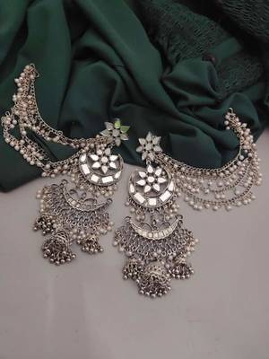 Big oxidised jhumka with side chain chandbali mirror indian earrings with pearls silver jhumki oxidized boho earrings 1