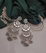 Big oxidised jhumka with side chain chandbali mirror indian earrings with pearls silver jhumki oxidized boho earrings