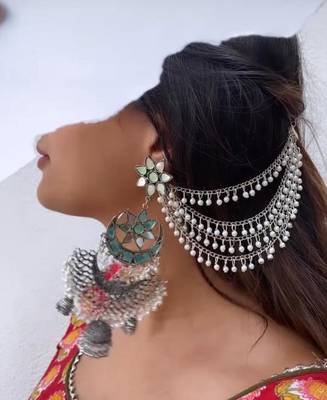 Big oxidised jhumka with side chain chandbali mirror indian earrings with pearls silver jhumki oxidized boho earrings 2