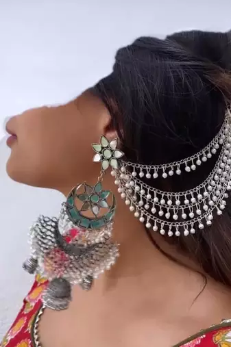Big oxidised jhumka with side chain chandbali mirror indian earrings with pearls silver jhumki oxidized boho earrings