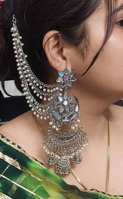 Big oxidised jhumka with side chain chandbali mirror indian earrings with pearls silver jhumki oxidized boho earrings 3