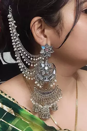 Big oxidised jhumka with side chain chandbali mirror indian earrings with pearls silver jhumki oxidized boho earrings