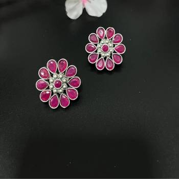 Floral flower studs indian stone round earrings oxidized jewellery red green silver indian earrings 2