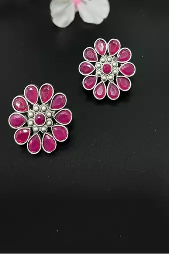 Floral flower studs indian stone round earrings oxidized jewellery red green silver indian earrings