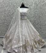 Women's White Bridal Net Fancy Foil & Sequins with Multi Thread Embroidered Wedding Lehenga Choli
