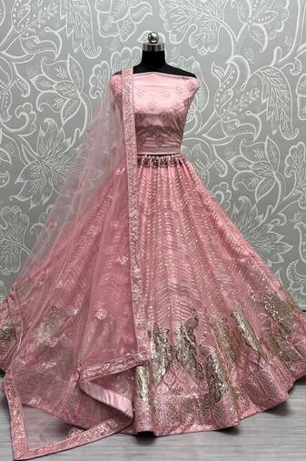 Women's Pink Bridal Net Fancy Foil & Sequins with Multi Thread Embroidered Wedding Lehenga Choli