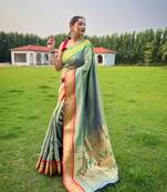 Mehendi Color Paithani Weaving Sarees Woth Elegant Rich Pallu Saree