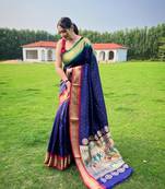 Navy Blue Paithani Weaving Sarees Woth Elegant Rich Pallu Saree