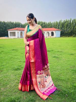 Pink Color Paithani Weaving Sarees Woth Elegant Rich Pallu Saree 1