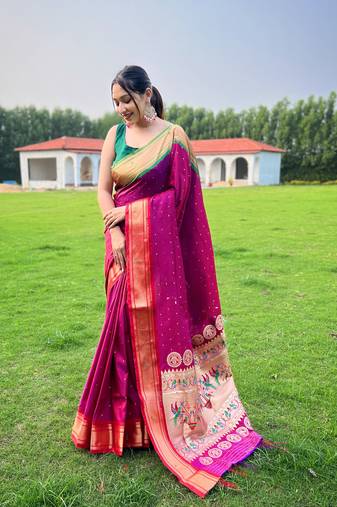 Pink Color Paithani Weaving Sarees Woth Elegant Rich Pallu Saree