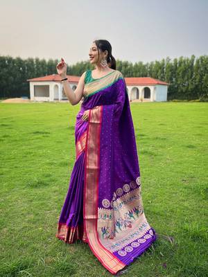 Purple Color Paithani Weaving Sarees Woth Elegant Rich Pallu Saree 1