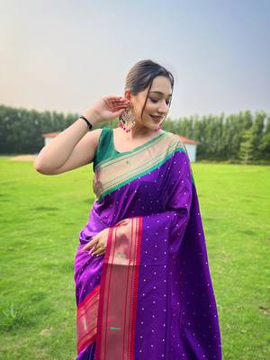 Purple Color Paithani Weaving Sarees Woth Elegant Rich Pallu Saree 3