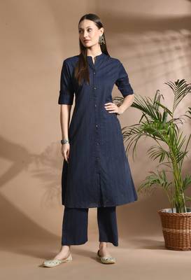 Blue kantha work cotton a-line kurta with payjama set 1