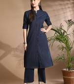 Blue kantha work cotton a-line kurta with payjama set