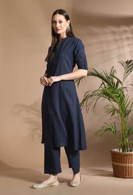 Blue kantha work cotton a-line kurta with payjama set 2