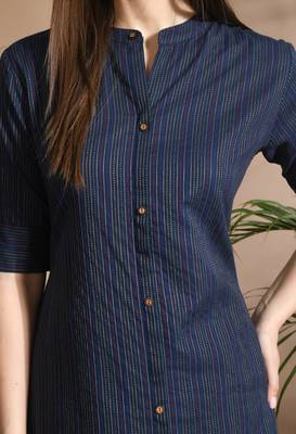 Blue kantha work cotton a-line kurta with payjama set 4