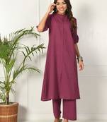 Maroon kantha work cotton a-line kurta with payjama set