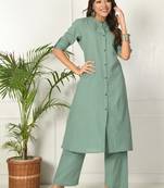 Green kantha work cotton a-line kurta with payjama set