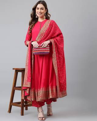 Coral solid work rayon anarkali kurta with pant and dupatta set 1