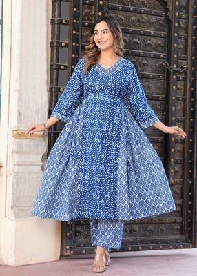 Blue ethnic motif printed work cotton a-line kurta with pant and dupatta set 1
