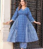 Blue ethnic motif printed work cotton a-line kurta with pant and dupatta set