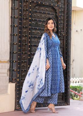 Blue ethnic motif printed work cotton a-line kurta with pant and dupatta set 2