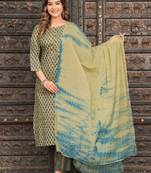 Green floral printed work cotton straight kurta with pant and dupatta set