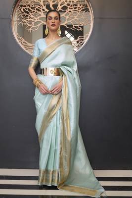 Sky Blue Faux Kanjivaram Silk Zari Weaving Border And Rich Pallu Saree With Blouse For Women 1